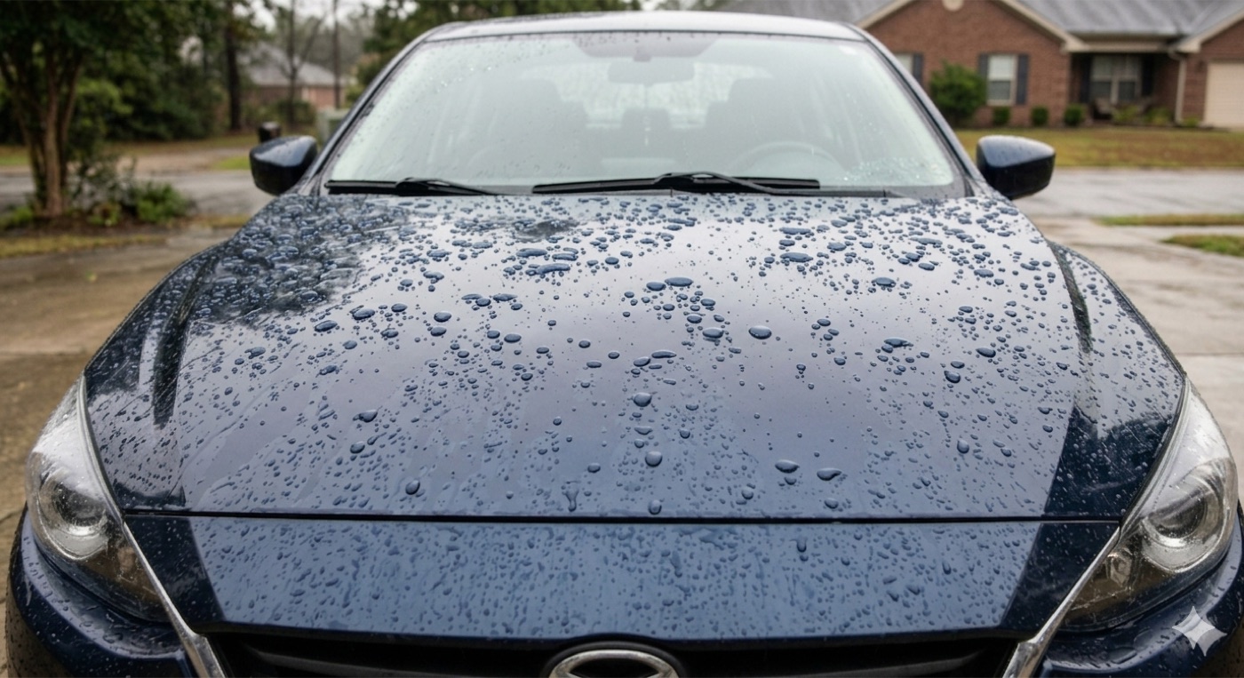 Exterior Ceramic Coating — after, water beading on hydrophobic finish